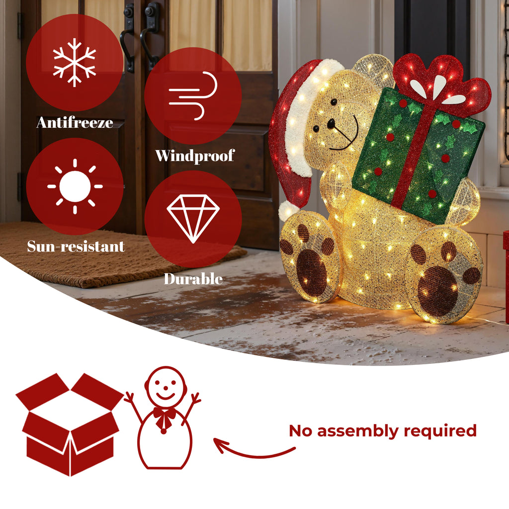 31.1" 110 LED Warm White Lighted Christmas Teddy Bear with Gift, Pre-Lit Outdoor Yard Decoration with UL Outdoor Transformer, Holiday Lawn Decor for Garden, Party, Home
