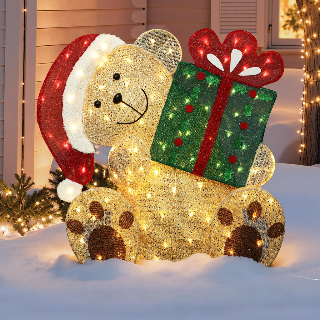 31.1" 110 LED Warm White Lighted Christmas Teddy Bear with Gift, Pre-Lit Outdoor Yard Decoration with UL Outdoor Transformer, Holiday Lawn Decor for Garden, Party, Home