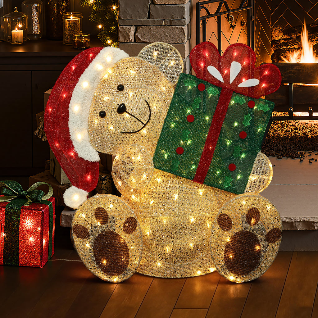 31.1" 110 LED Warm White Lighted Christmas Teddy Bear with Gift, Pre-Lit Outdoor Yard Decoration with UL Outdoor Transformer, Holiday Lawn Decor for Garden, Party, Home