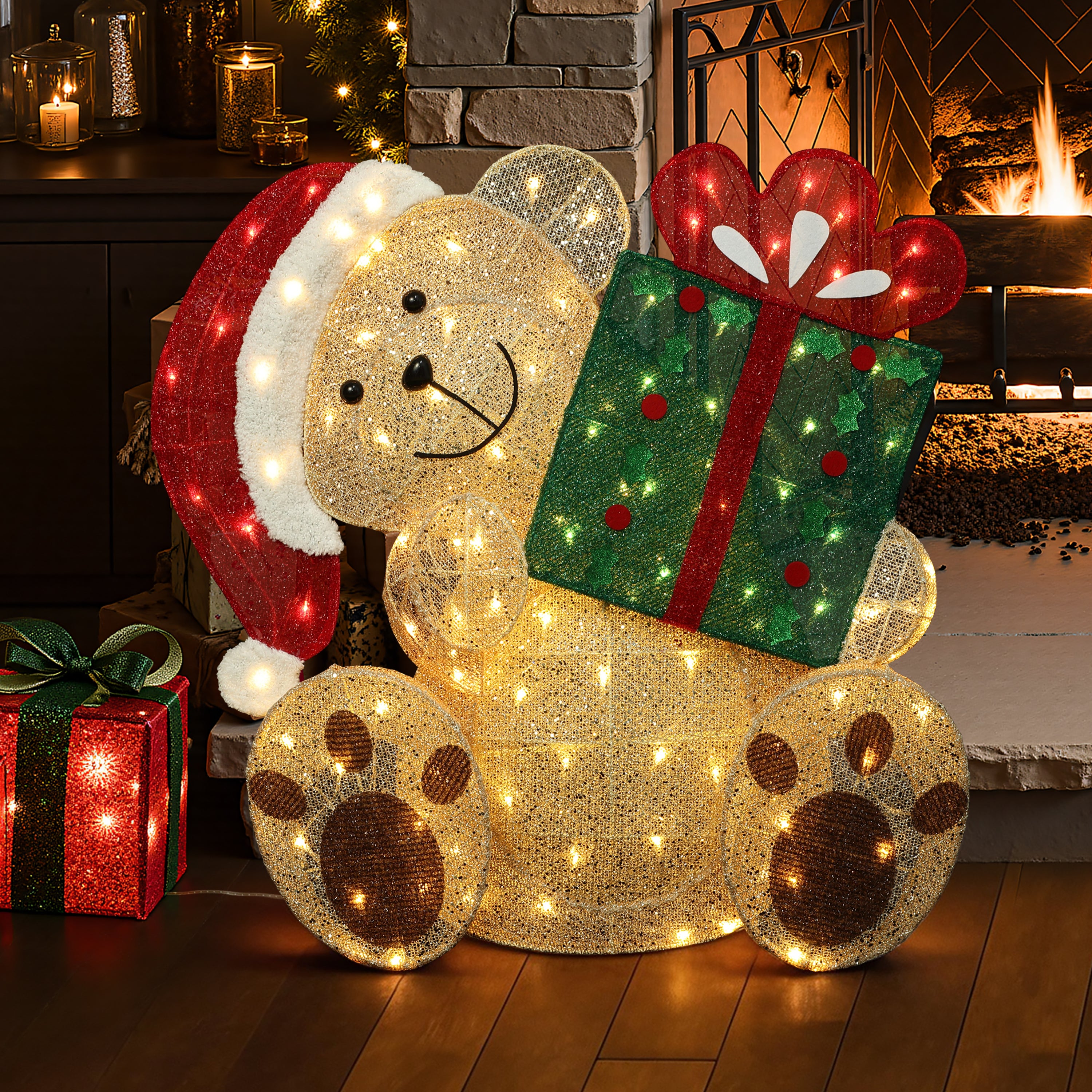 31.1" 110 LED Warm White Lighted Christmas Teddy Bear with Gift, Pre-Lit Outdoor Yard Decoration with UL Outdoor Transformer, Holiday Lawn Decor for Garden, Party, Home