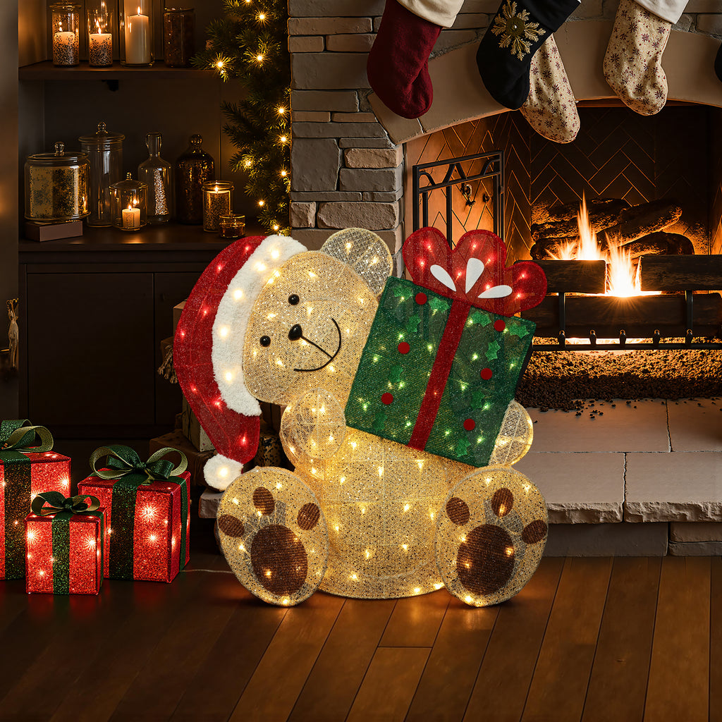 31.1" 110 LED Warm White Lighted Christmas Teddy Bear with Gift, Pre-Lit Outdoor Yard Decoration with UL Outdoor Transformer, Holiday Lawn Decor for Garden, Party, Home