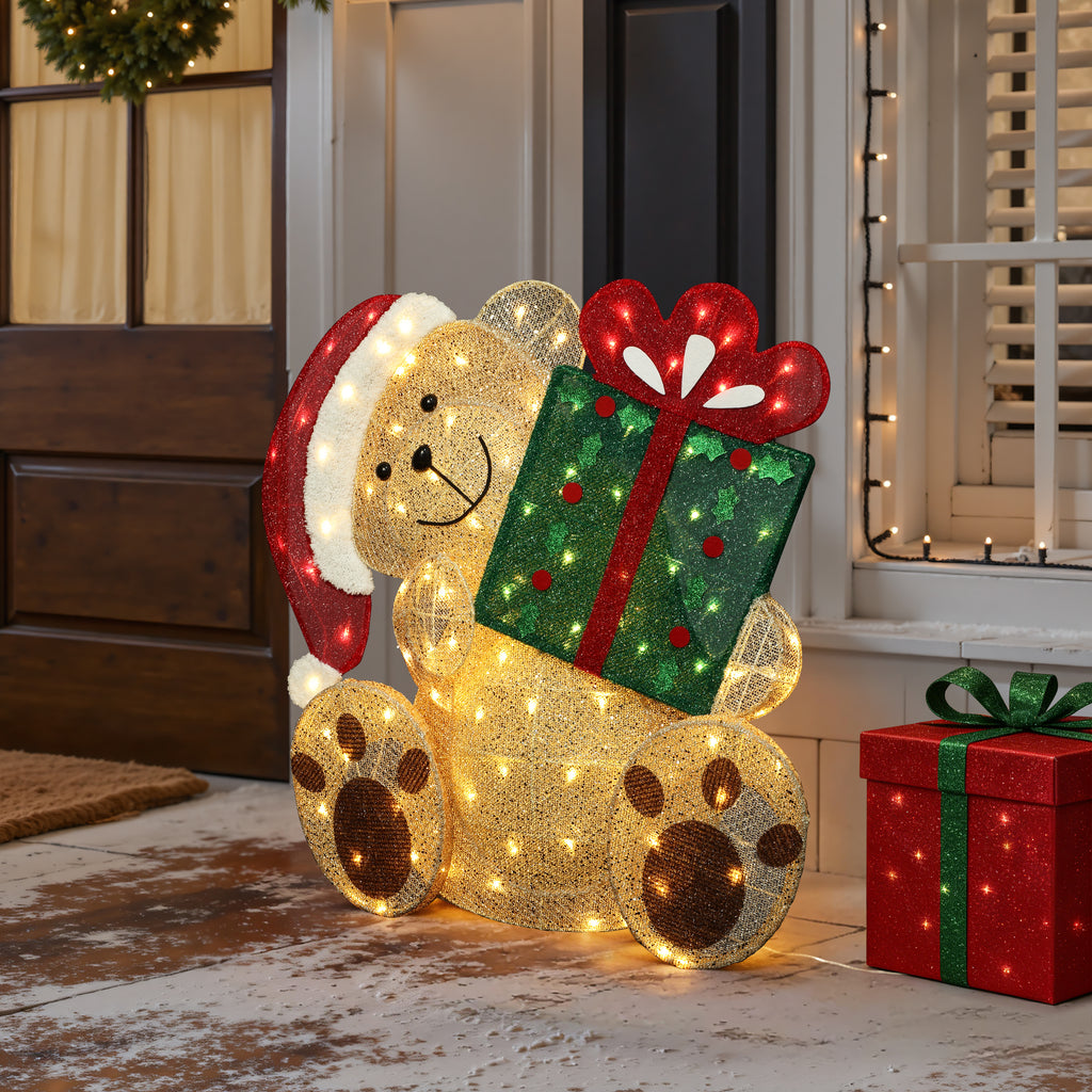 31.1" 110 LED Warm White Lighted Christmas Teddy Bear with Gift, Pre-Lit Outdoor Yard Decoration with UL Outdoor Transformer, Holiday Lawn Decor for Garden, Party, Home