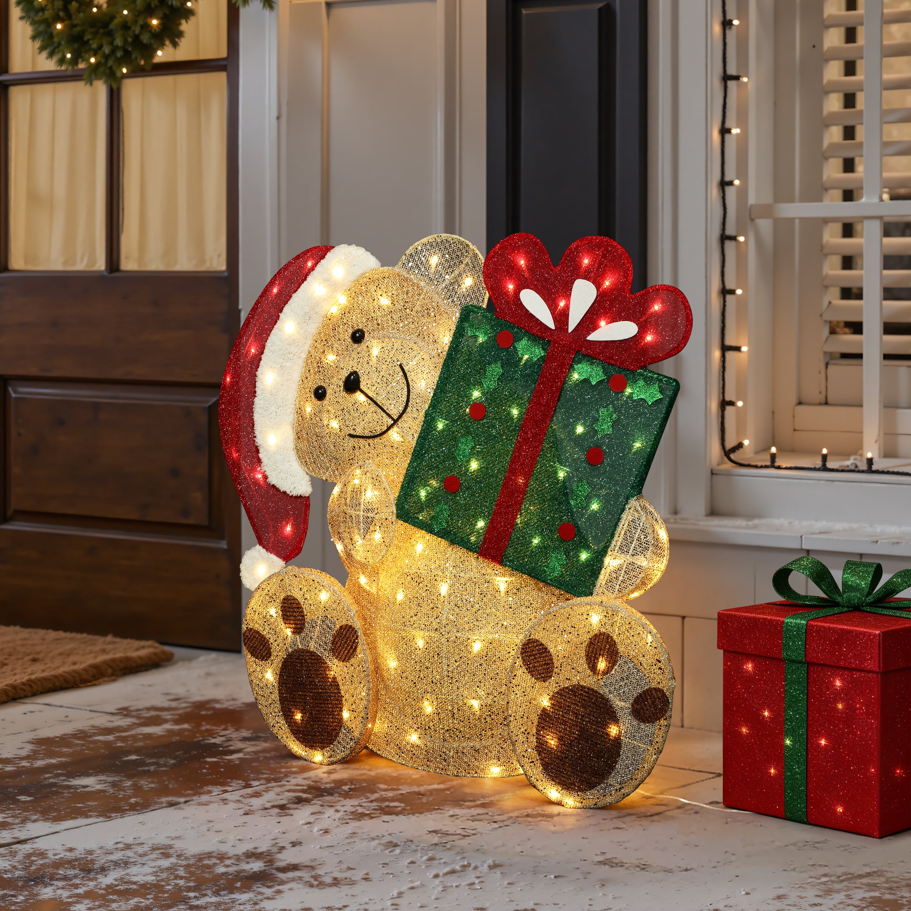 31.1" 110 LED Warm White Lighted Christmas Teddy Bear with Gift, Pre-Lit Outdoor Yard Decoration with UL Outdoor Transformer, Holiday Lawn Decor for Garden, Party, Home