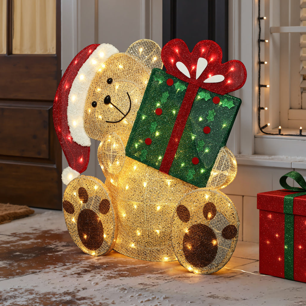 31.1" 110 LED Warm White Lighted Christmas Teddy Bear with Gift, Pre-Lit Outdoor Yard Decoration with UL Outdoor Transformer, Holiday Lawn Decor for Garden, Party, Home