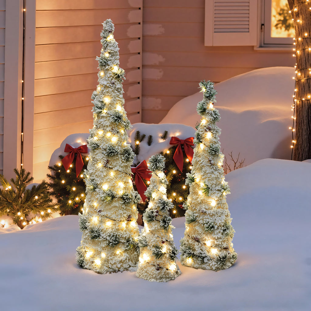 Set of 3 Pre-Lit Flocked Christmas Trees, 100 Total Warm White LED Lights, Battery Operated Tabletop Christmas Trees with Pinecones & Berries, Mini Xmas Decor for Home, Party, Mantel, Indoor