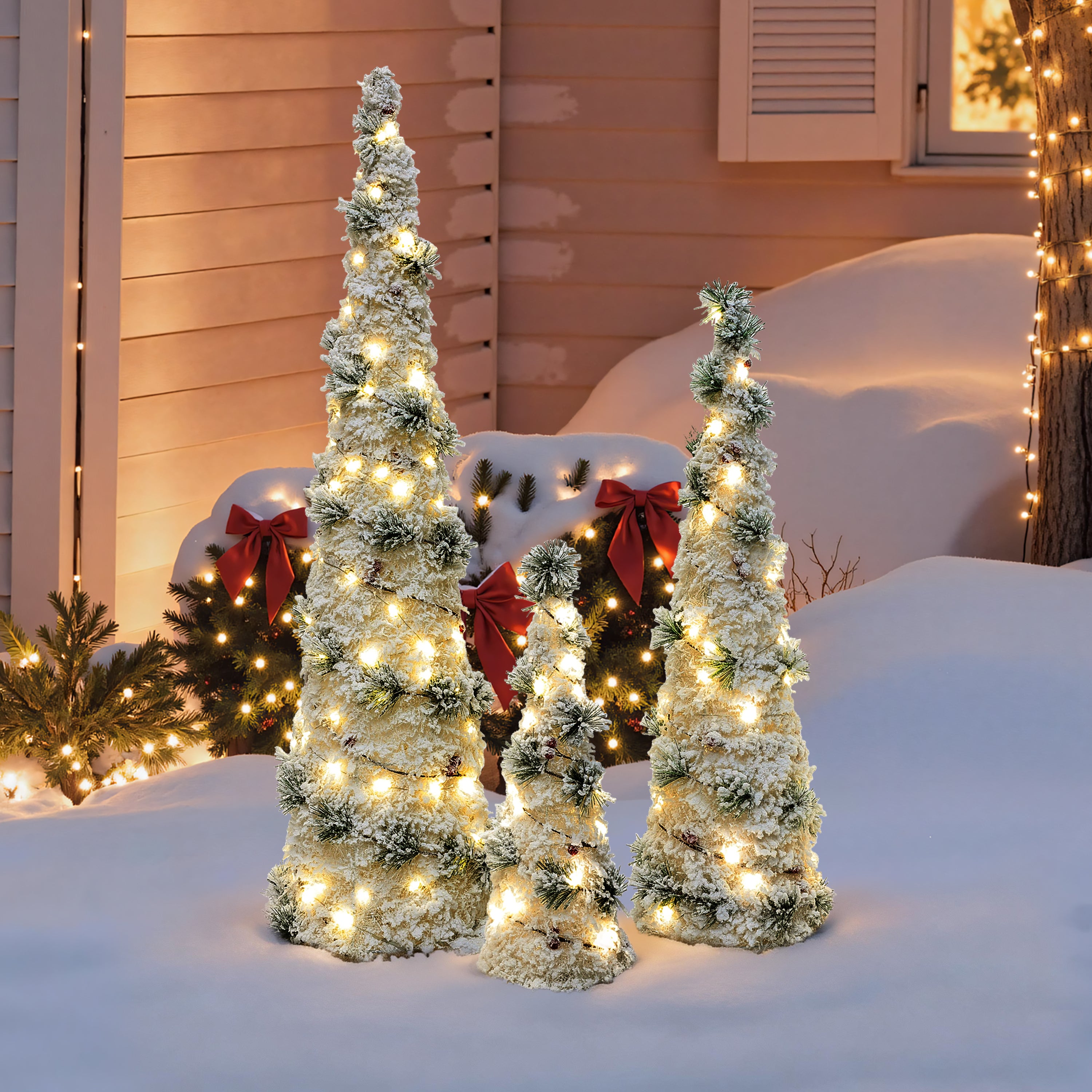 Set of 3 Pre-Lit Flocked Christmas Trees, 100 Total Warm White LED Lights, Battery Operated Tabletop Christmas Trees with Pinecones & Berries, Mini Xmas Decor for Home, Party, Mantel, Indoor
