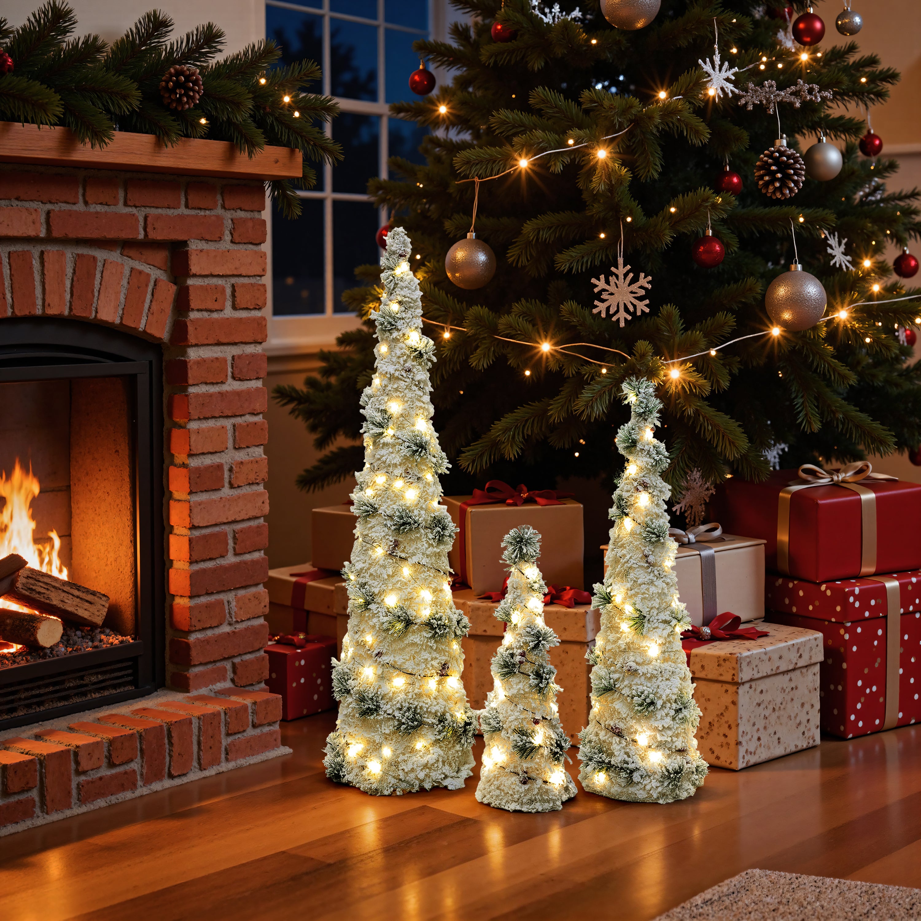 Set of 3 Pre-Lit Flocked Christmas Trees, 100 Total Warm White LED Lights, Battery Operated Tabletop Christmas Trees with Pinecones & Berries, Mini Xmas Decor for Home, Party, Mantel, Indoor