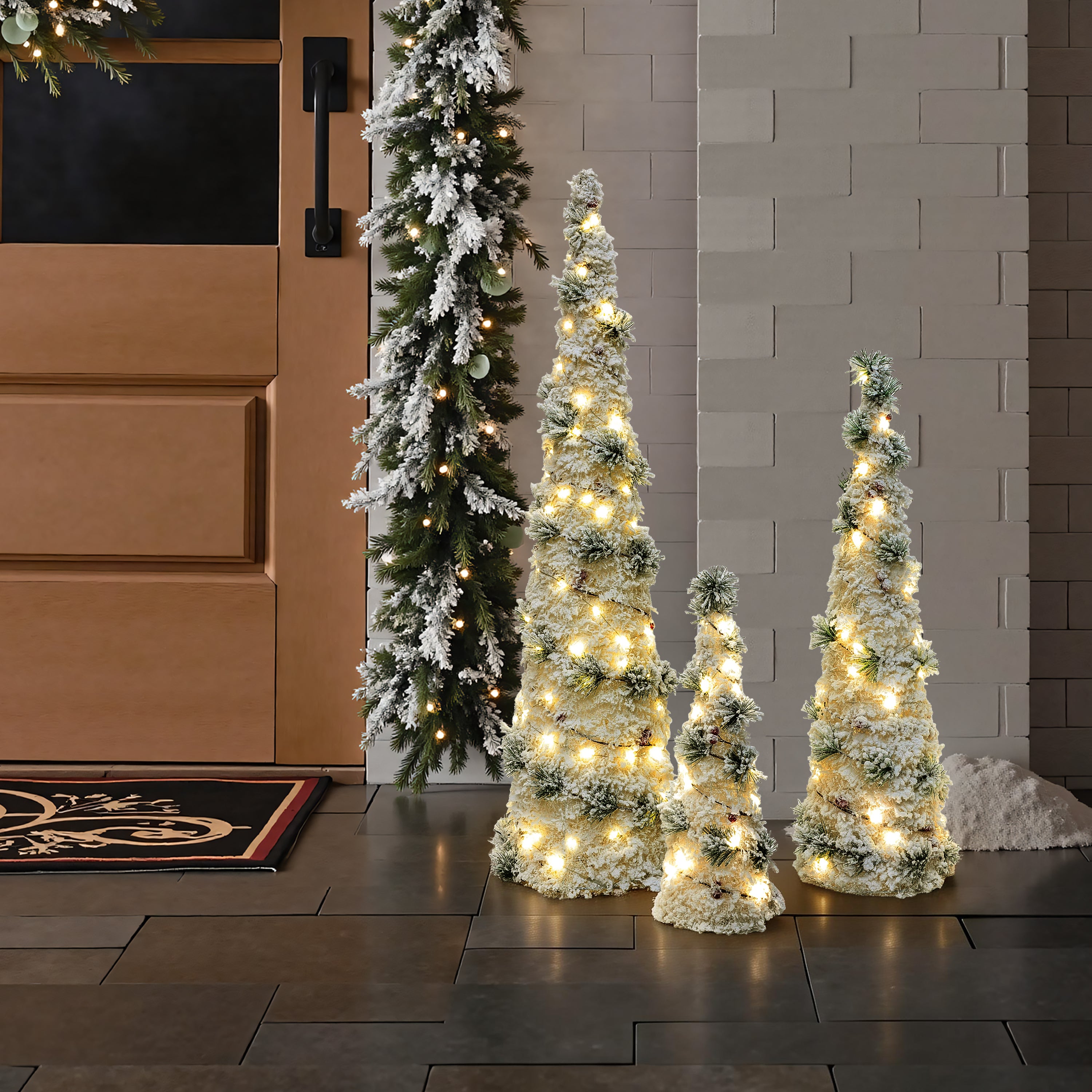 Set of 3 Pre-Lit Flocked Christmas Trees, 100 Total Warm White LED Lights, Battery Operated Tabletop Christmas Trees with Pinecones & Berries, Mini Xmas Decor for Home, Party, Mantel, Indoor