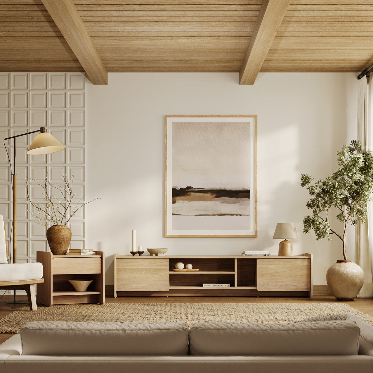 Malu Low-Profile Wood Media TV Console, Natural, 69"
