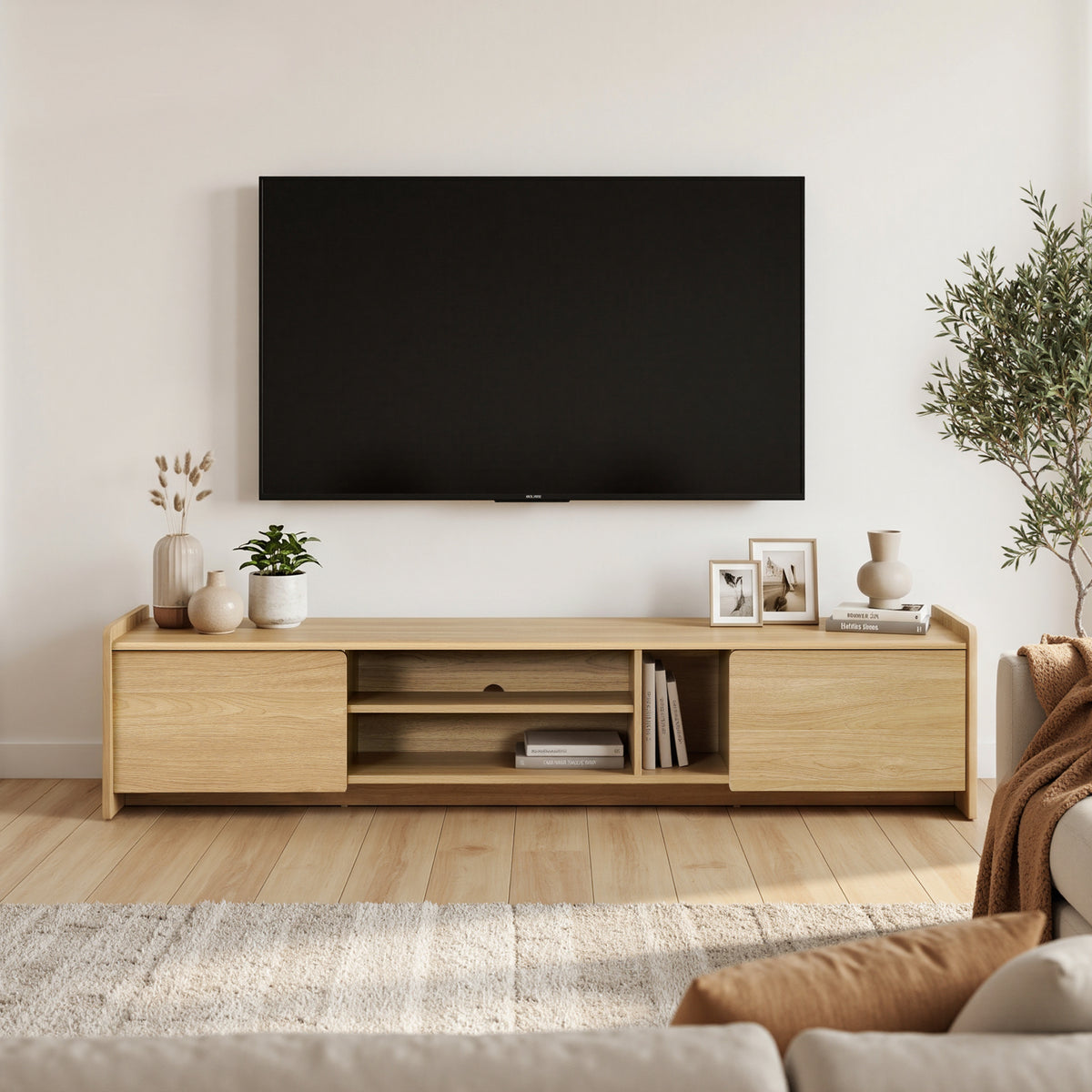Malu Low-Profile Wood Media TV Console, Natural, 69"