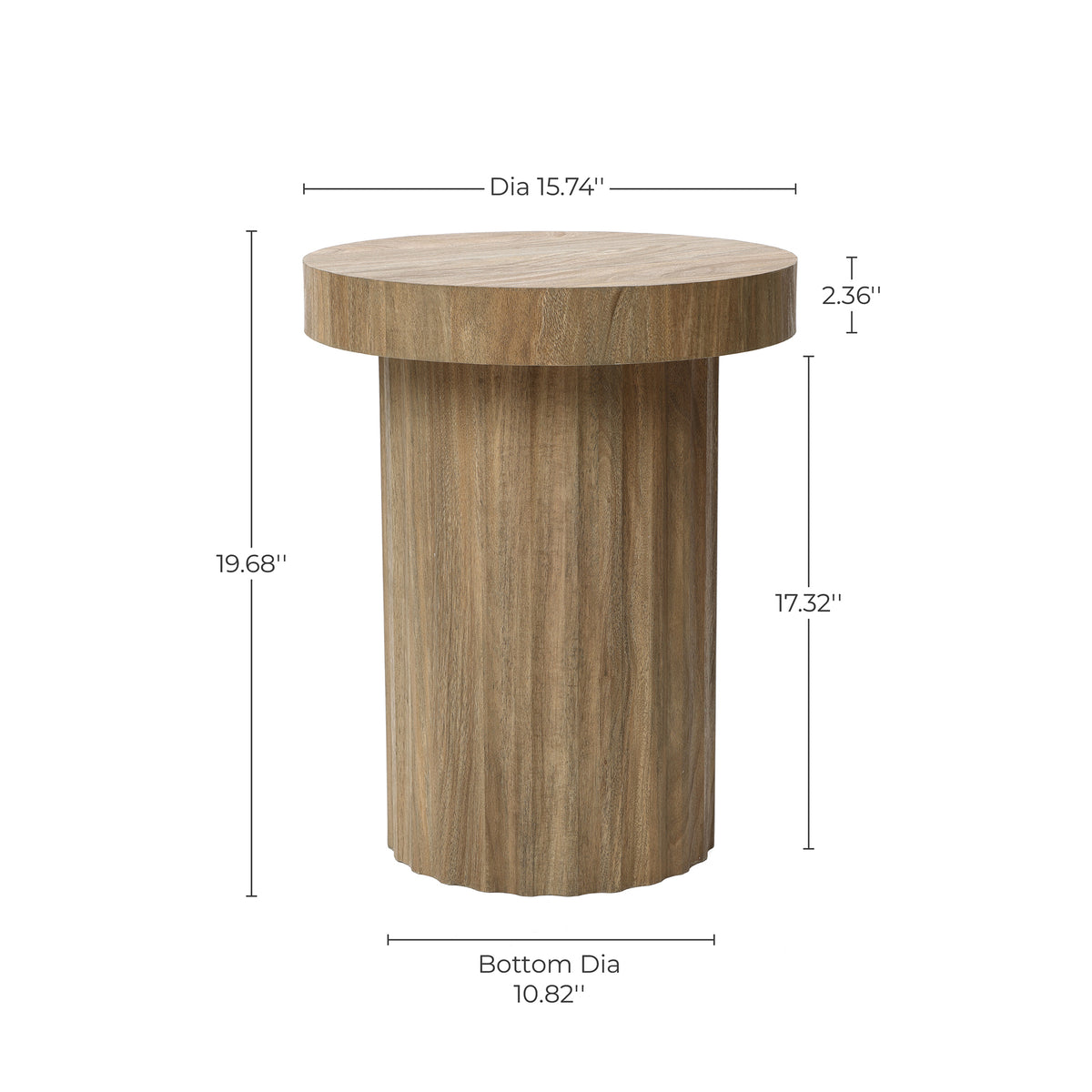 Fluted Round Wood Pedestal Base Side Table, Natural, 20"