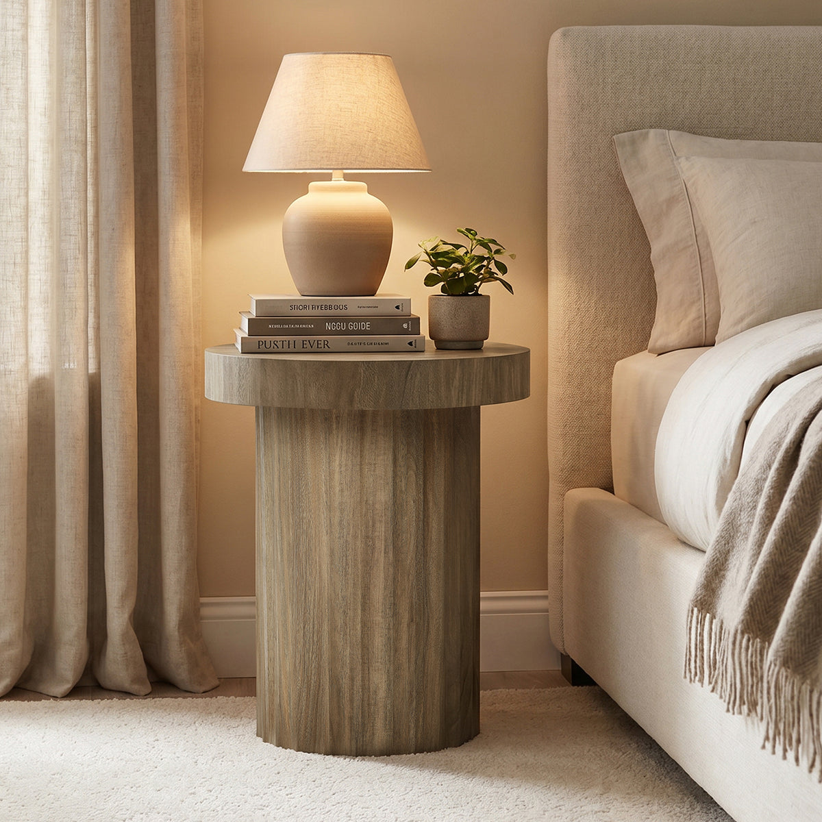 Fluted Round Wood Pedestal Base Side Table, Natural, 20"