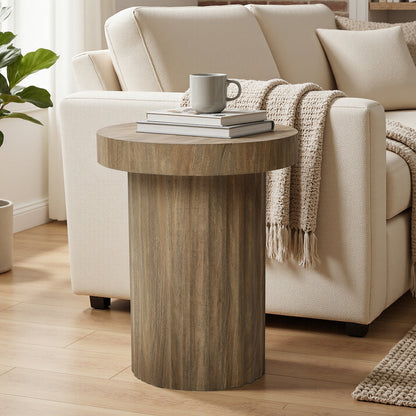 Fluted Round Wood Pedestal Base Side Table, Natural, 20"