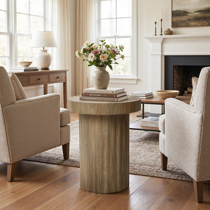 Fluted Round Wood Pedestal Base Side Table, Natural, 20"