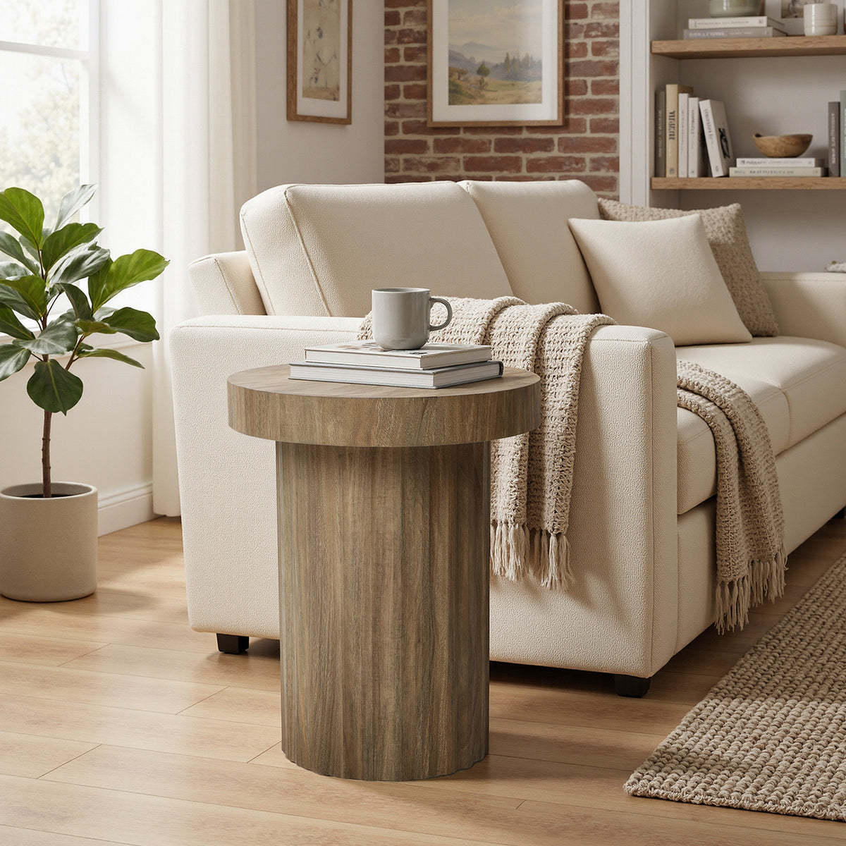 Fluted Round Wood Pedestal Base Side Table, Natural, 20"