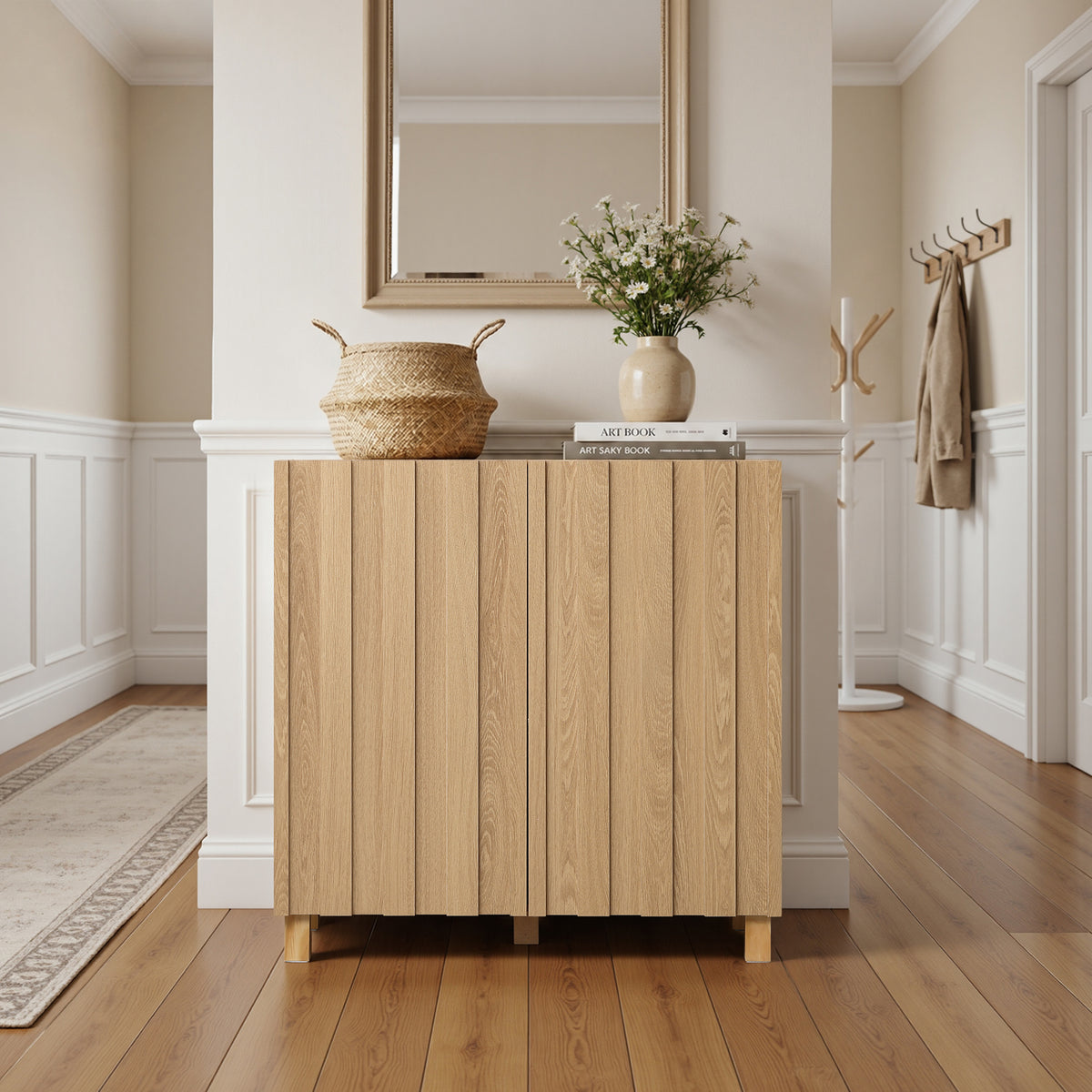 Malu Fluted 2-Door Wood Storage Cabinet, Natural, 31"