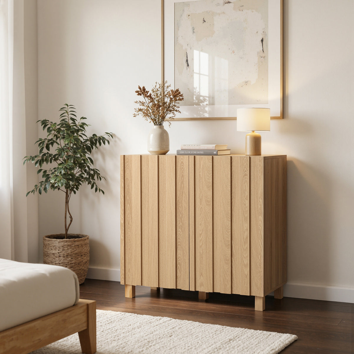 Malu Fluted 2-Door Wood Storage Cabinet, Natural, 31"