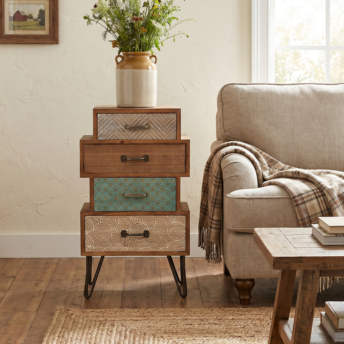 Stacked 4-Drawer Wood Accent End Table, Vintage, 30"