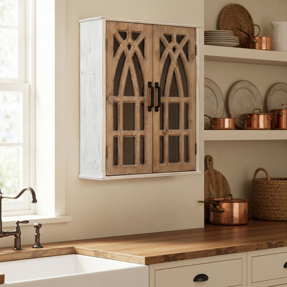 2-Door Classic Wood Wall Cabinet, Distressed White, 31"