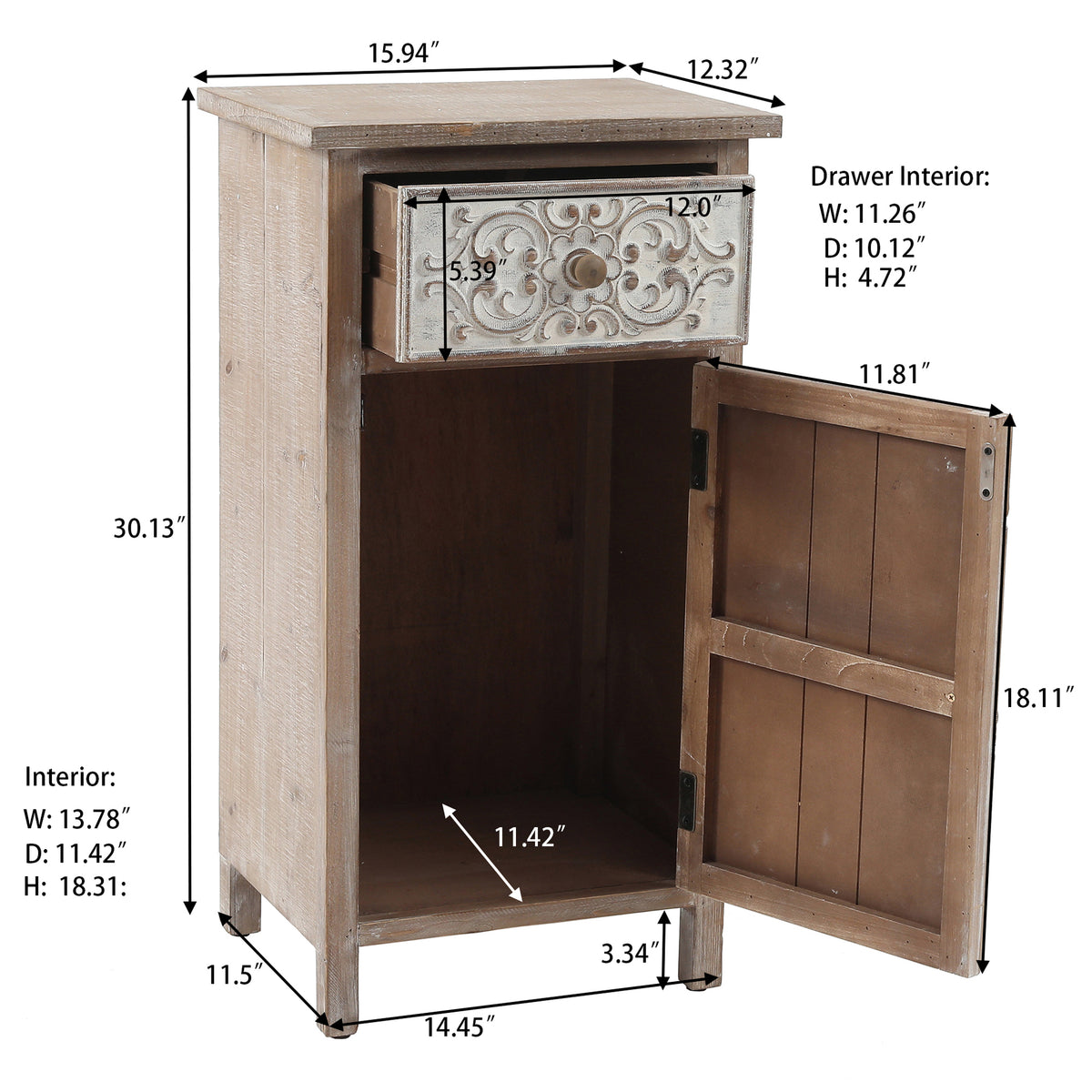 Carved Wood Accent Storage Cabinet, Distressed White, 30"