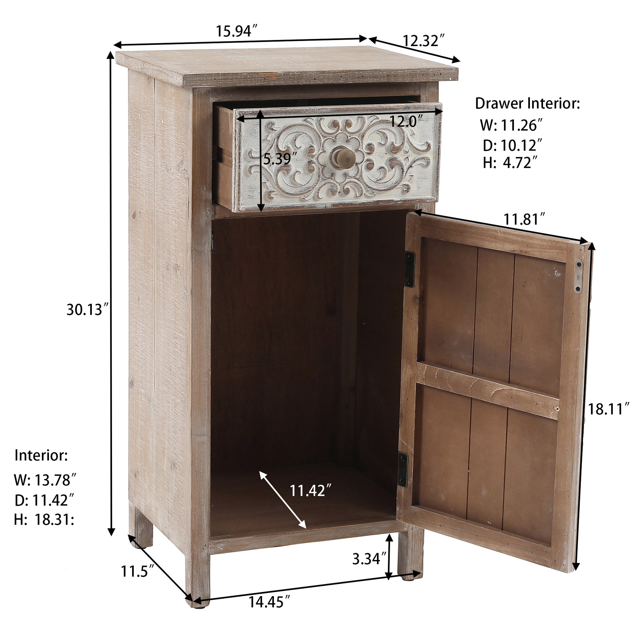Langford Home Whitewashed Wood Nightstand, Rustic Carved Bedside Table