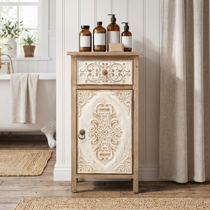 Carved Wood Accent Storage Cabinet, Distressed White, 30"