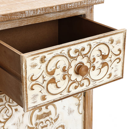 Carved Wood Accent Storage Cabinet, Distressed White, 30"