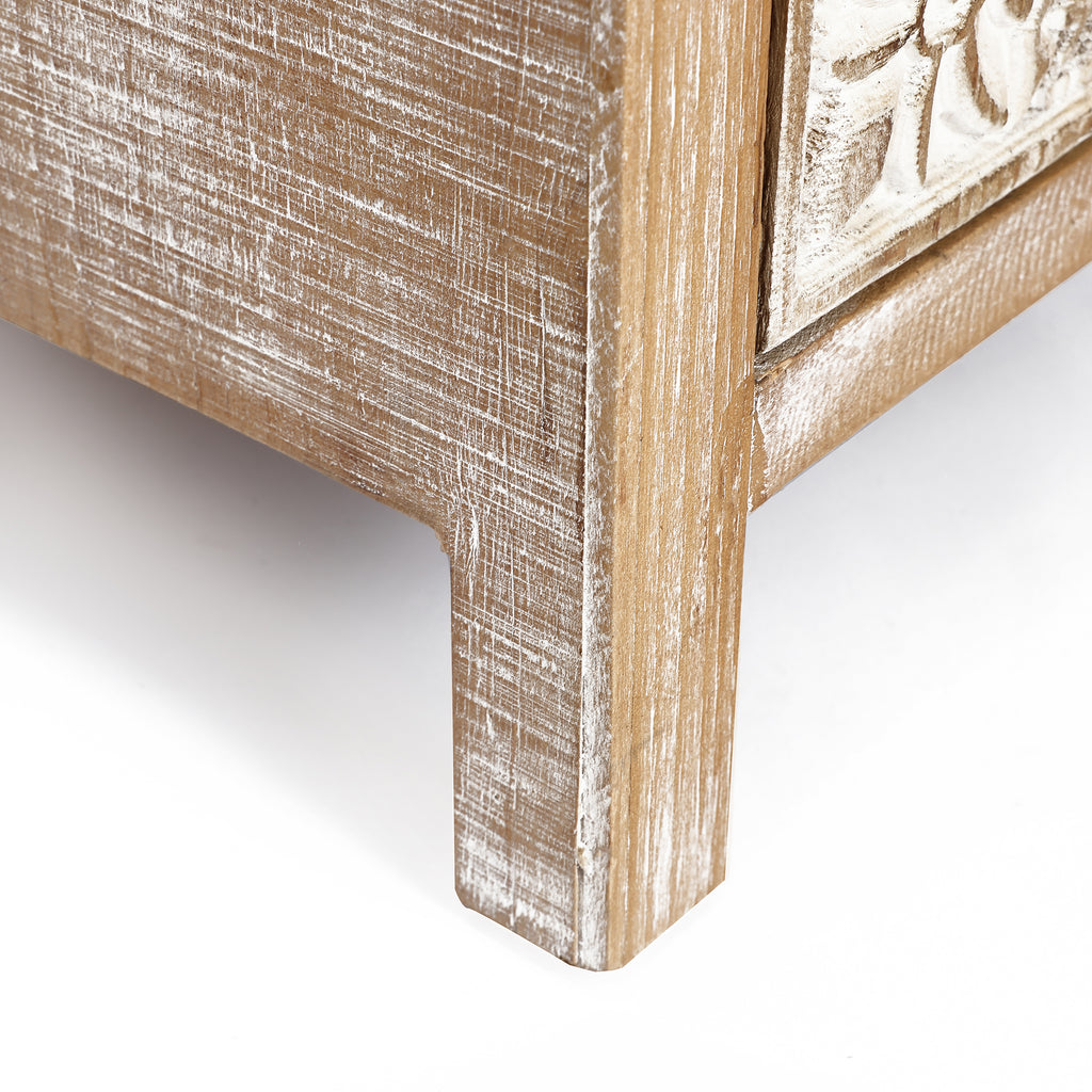 Langford Home Whitewashed Wood Nightstand, Rustic Carved Bedside Table