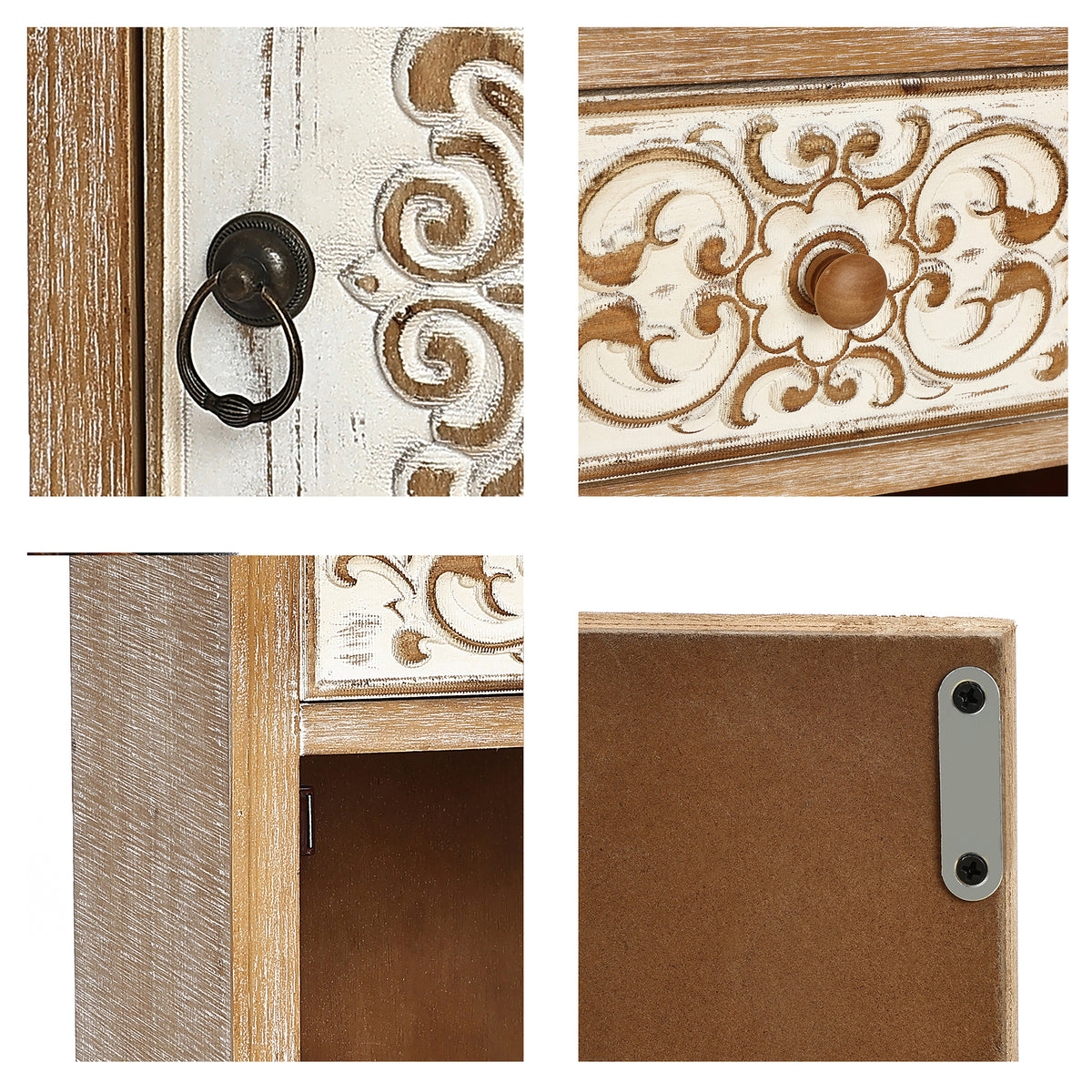 Carved Wood Accent Storage Cabinet, Distressed White, 30"