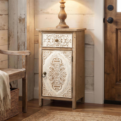 Carved Wood Accent Storage Cabinet, Distressed White, 30"