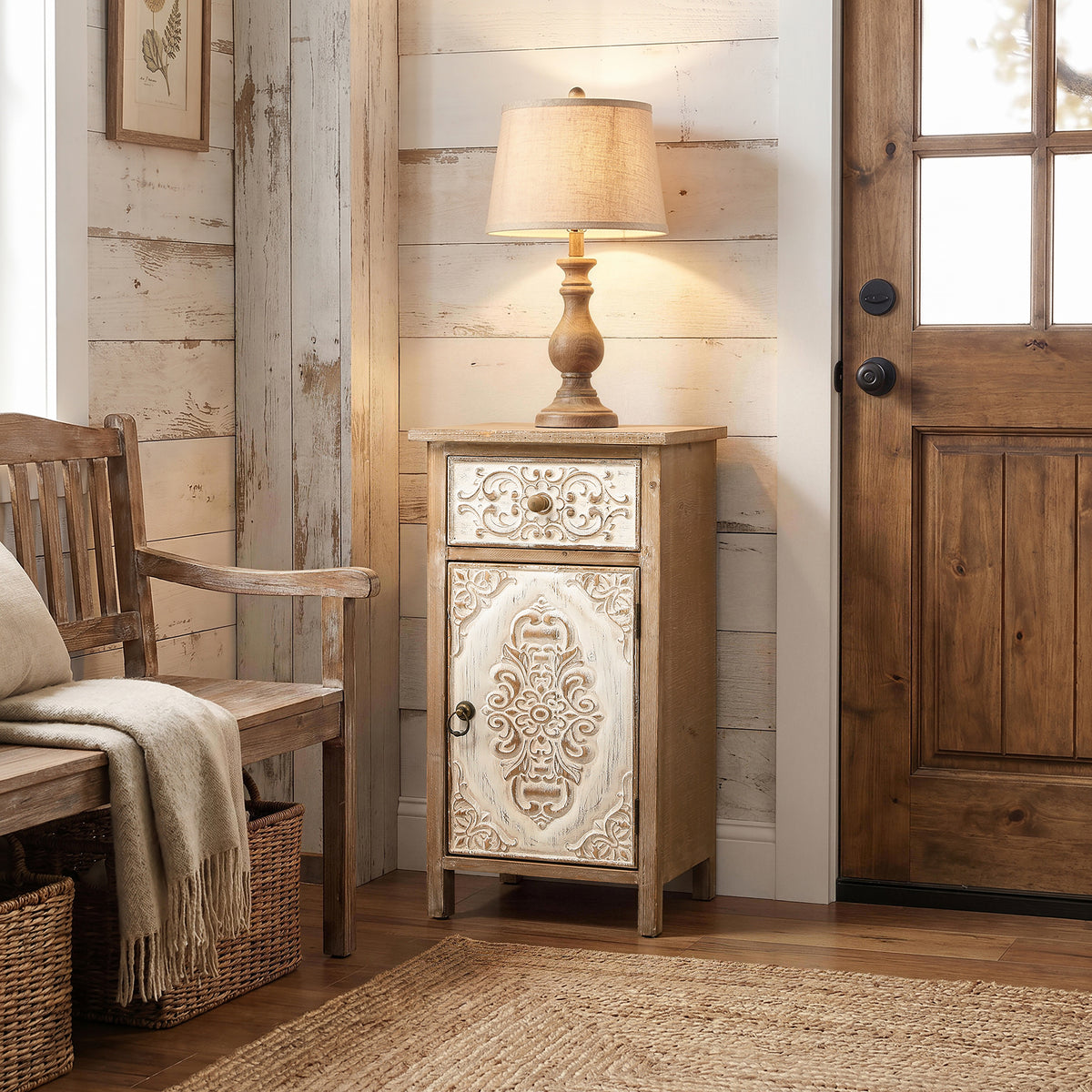 Carved Wood Accent Storage Cabinet, Distressed White, 30"