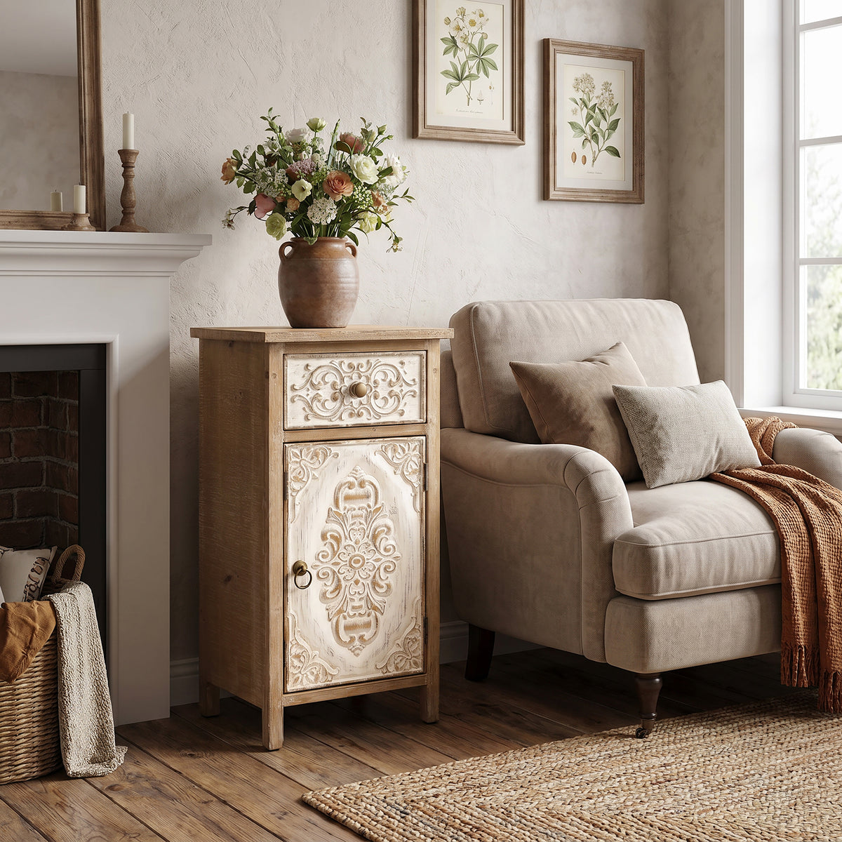 Carved Wood Accent Storage Cabinet, Distressed White, 30"