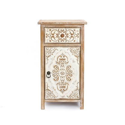 Carved Wood Accent Storage Cabinet, Distressed White, 30"