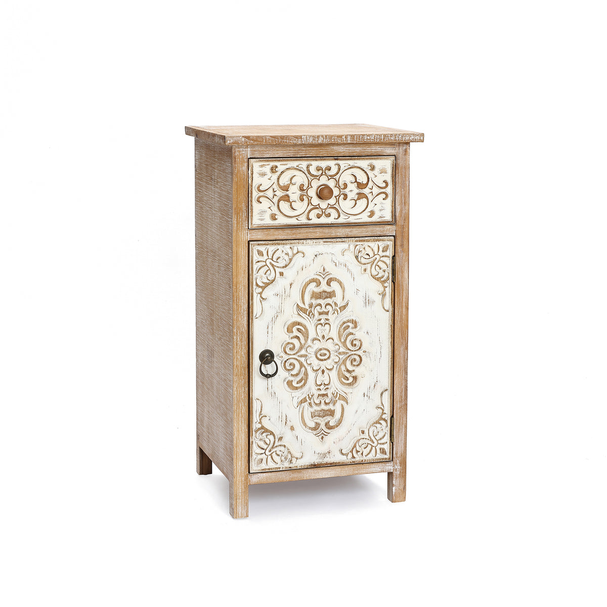 Carved Wood Accent Storage Cabinet, Distressed White, 30"