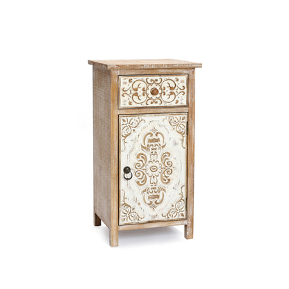 Carved Wood Accent Storage Cabinet, Distressed White, 30"