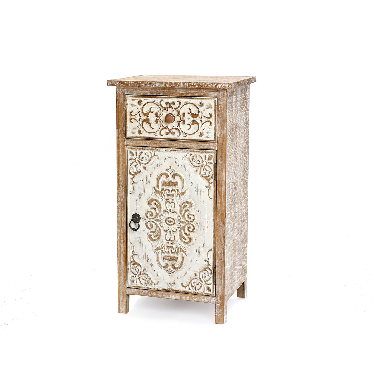 Carved Wood Accent Storage Cabinet, Distressed White, 30"