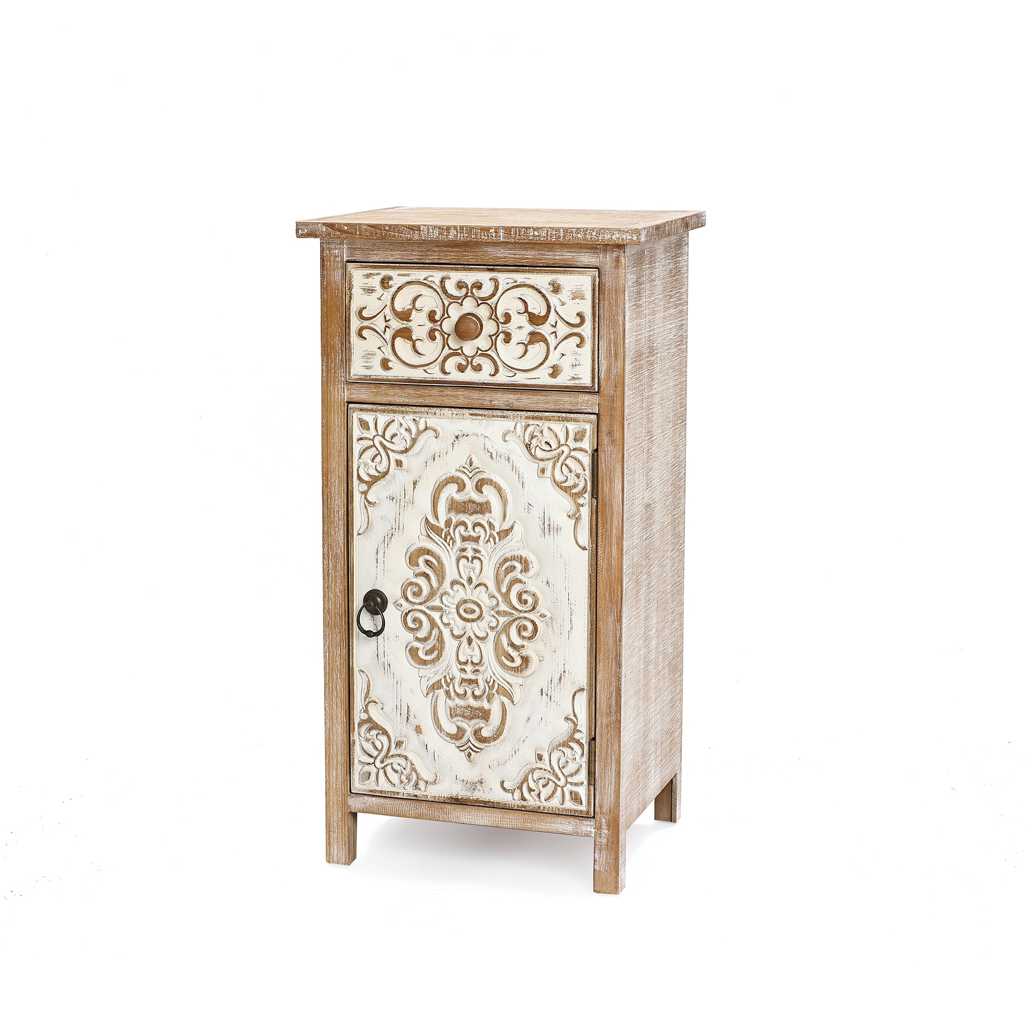 Langford Home Whitewashed Wood Nightstand, Rustic Carved Bedside Table