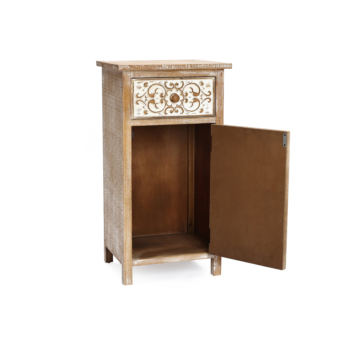 Carved Wood Accent Storage Cabinet, Distressed White, 30"