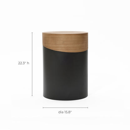 Round Wood Black Metal Frame Side Table, Natural, 22"