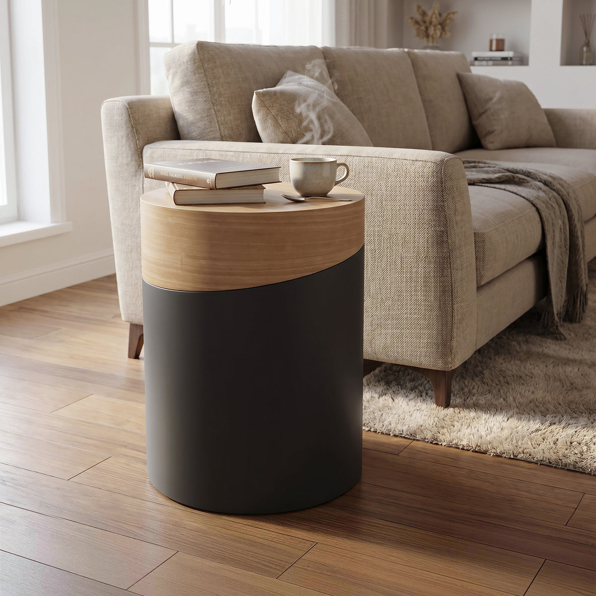 Round Wood Black Metal Frame Side Table, Natural, 22"