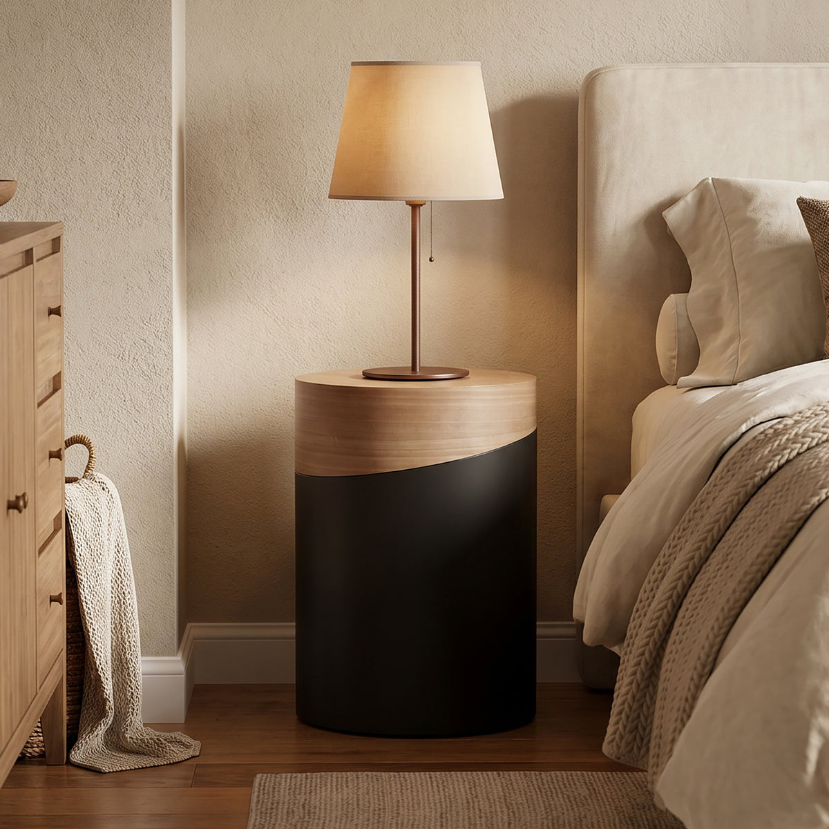 Round Wood Black Metal Frame Side Table, Natural, 22"