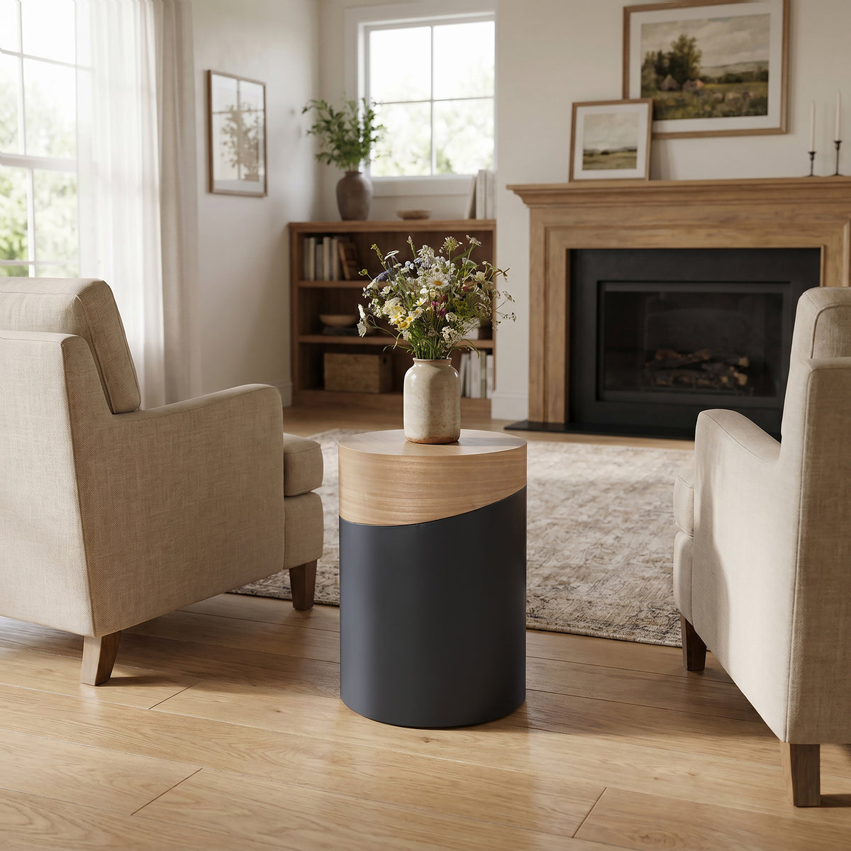Round Wood Black Metal Frame Side Table, Natural, 22"