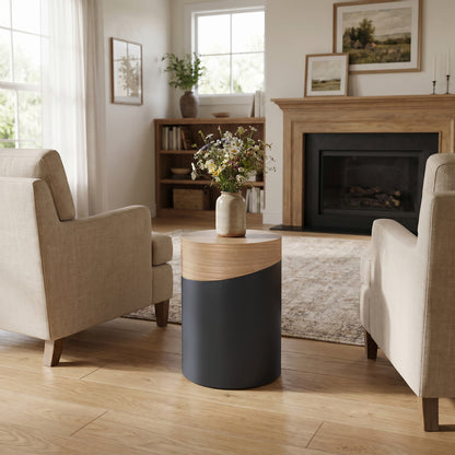 Round Wood Black Metal Frame Side Table, Natural, 22"
