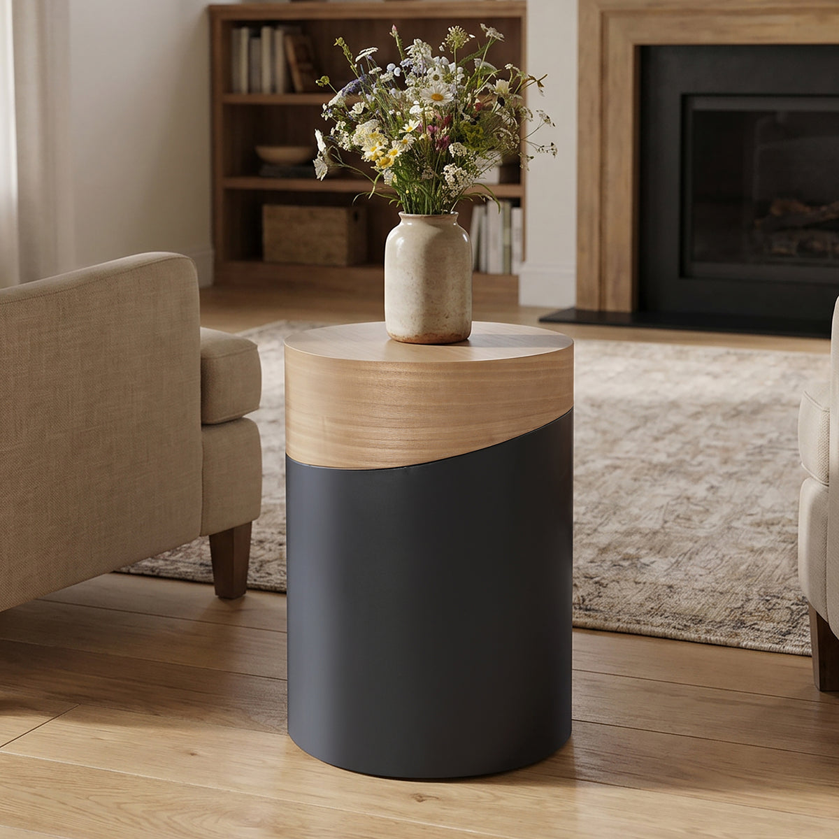 Round Wood Black Metal Frame Side Table, Natural, 22"