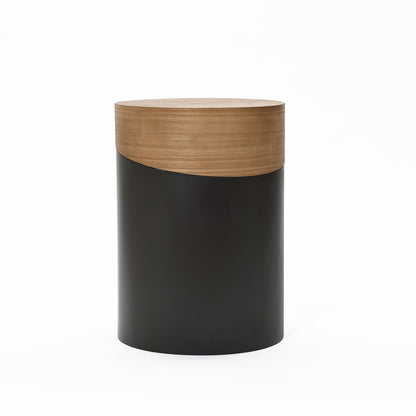 Round Wood Black Metal Frame Side Table, Natural, 22"