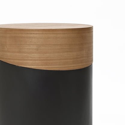 Round Wood Black Metal Frame Side Table, Natural, 22"