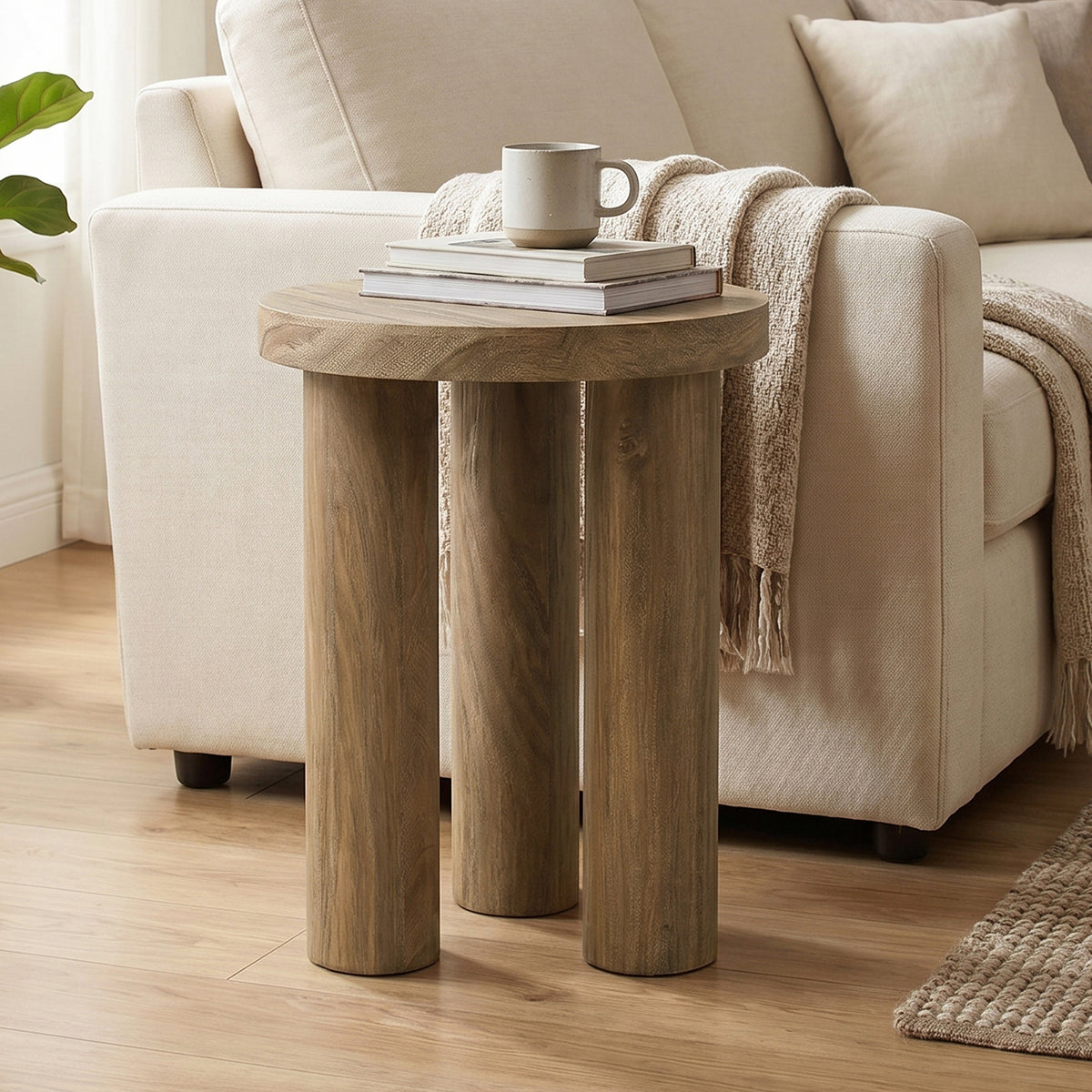 Round Wood Three-Pillar Base Side Table, Natural, 19"