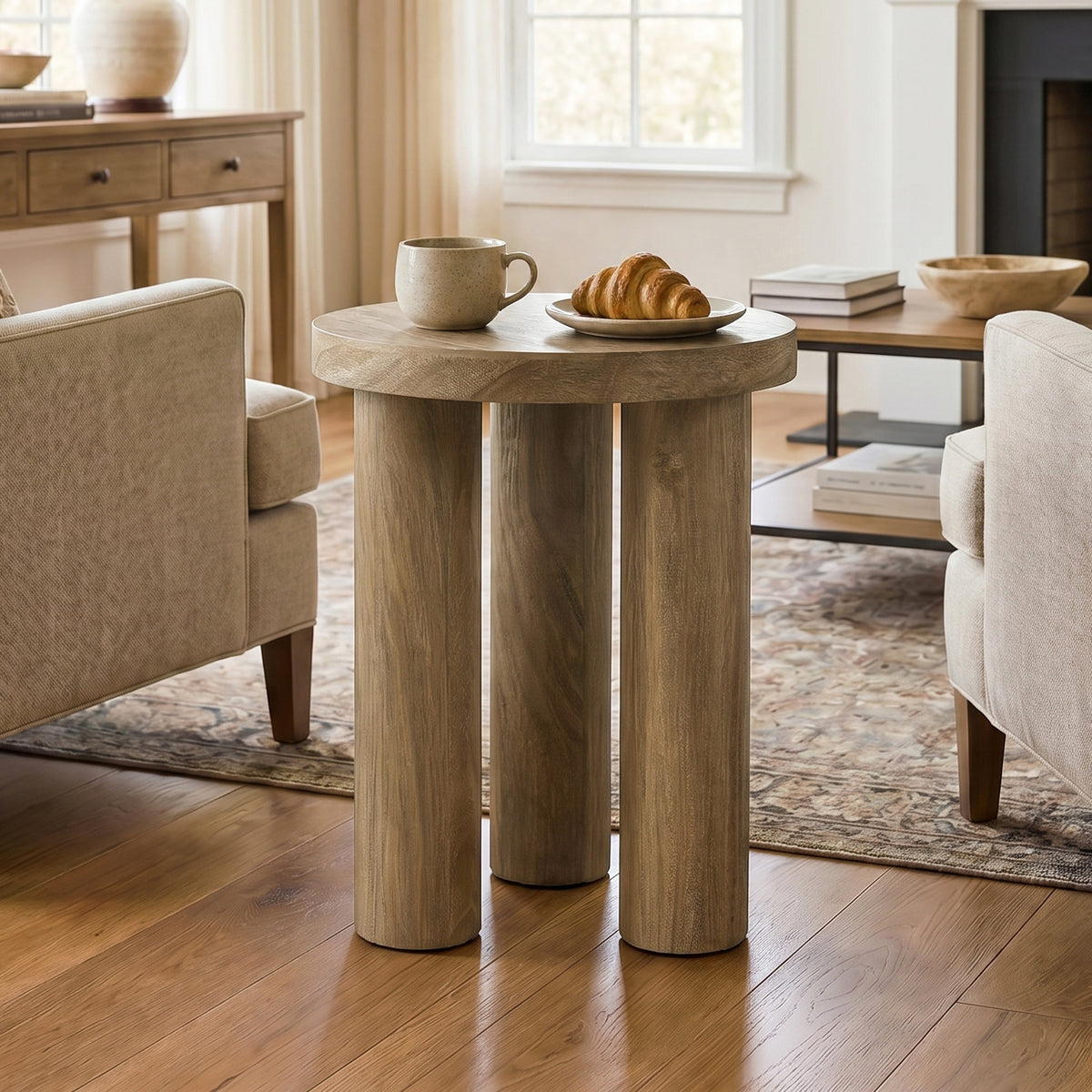 Round Wood Three-Pillar Base Side Table, Natural, 19"