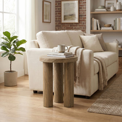 Round Wood Three-Pillar Base Side Table, Natural, 19"