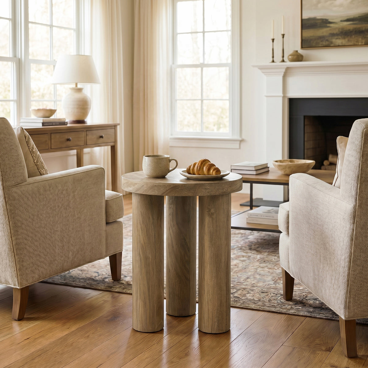 Round Wood Three-Pillar Base Side Table, Natural, 19"